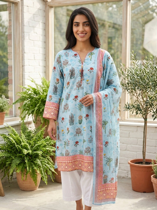 Azure Bloom Cotton Lawn Suit